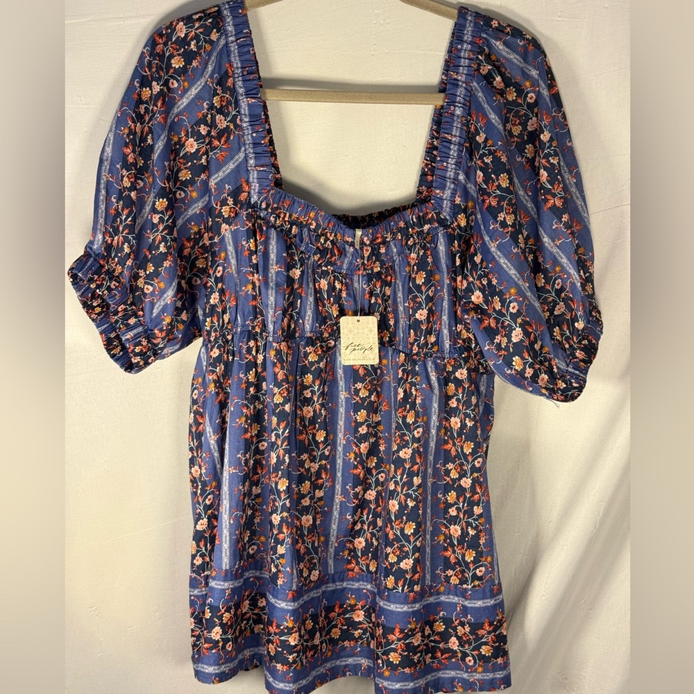 Free People Blue Floral Square-Neck Peasant Top
